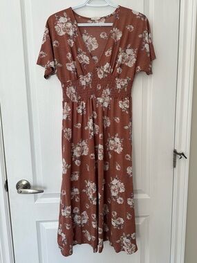 Ardene Floral Midi Dress Rust Color With Floral Pattern and Cinch Under Bust
